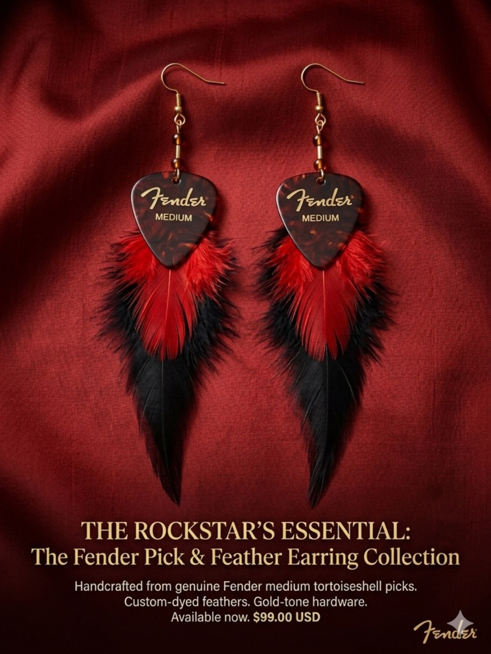 Fender Guitar Pick Earrings with Red and Black Feathers *HandMade*